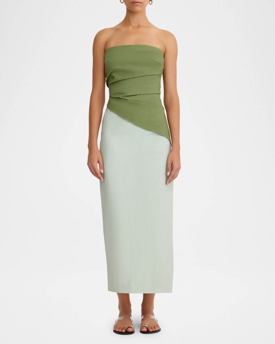 Cecelia Strapless Colorblock Draped Midi Dress